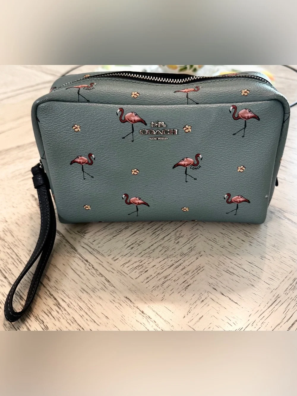 Coach Boxy Cosmetic Case 20 Flamingo Print Aquamarine F29374